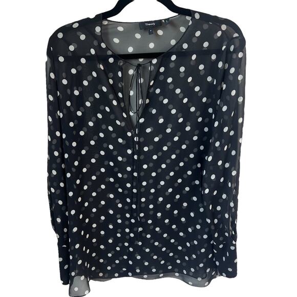 THEORY Petite Polka Dot Black & Cream Sheer Tie Blouse - Picture 6 of 11